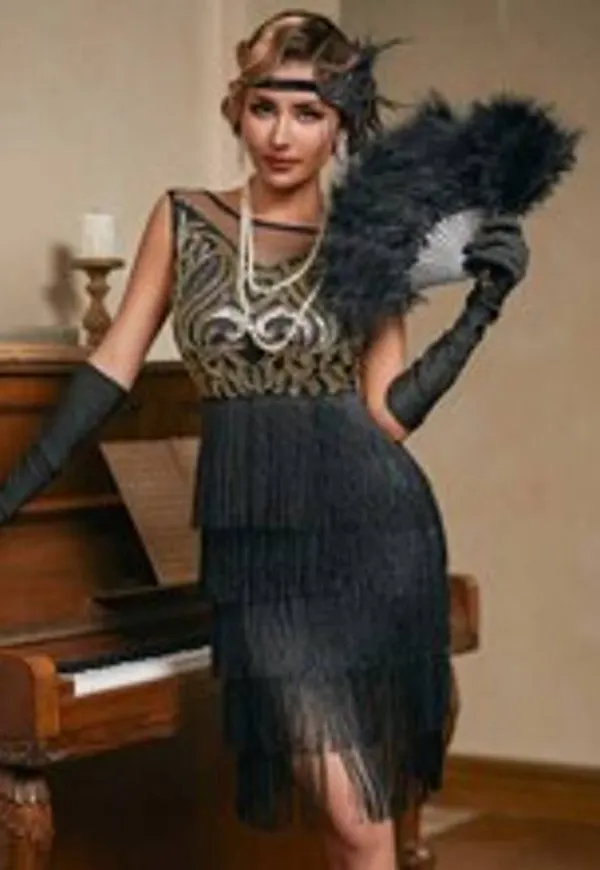 Shein Fringes Sequin 1920s Dress, Vintage Mesh Sleeveless Party Dress