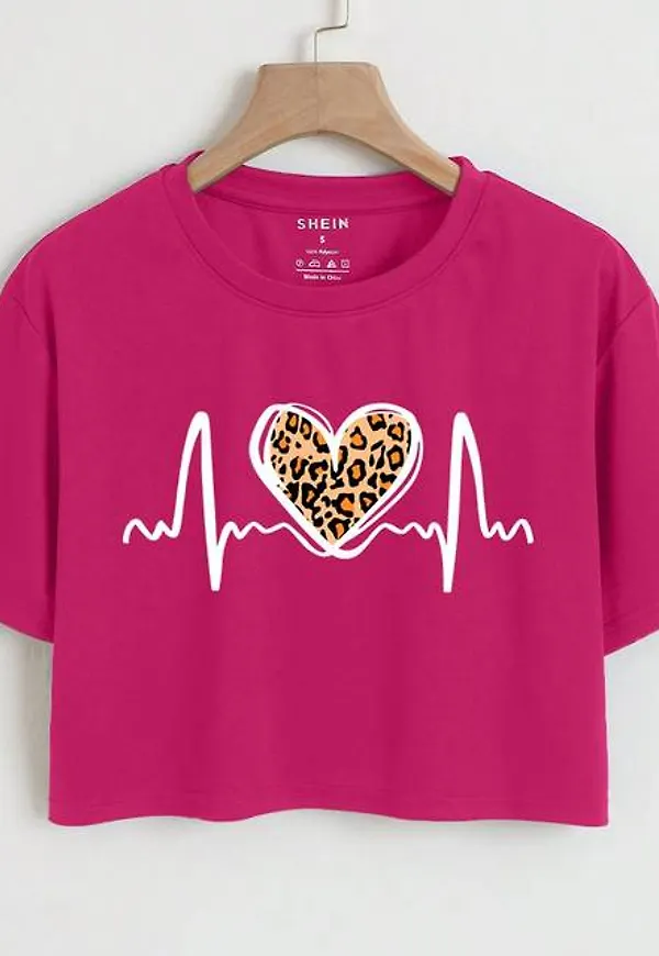 Shein Heart And Leopard Print Crop Tee