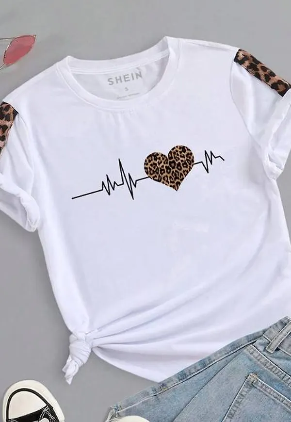 Shein Heart And Leopard Print Tee