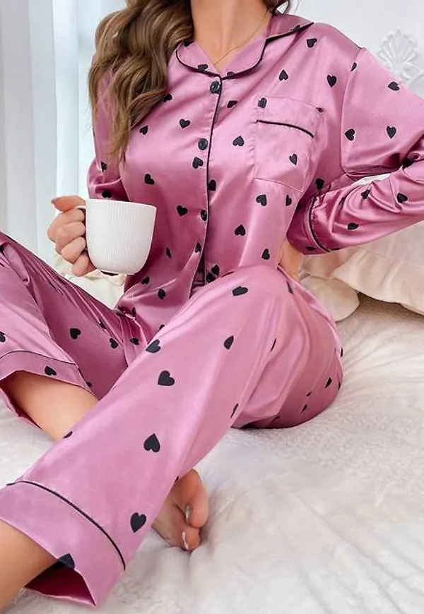 Shein Heart Print Contrast Piping PJ Set