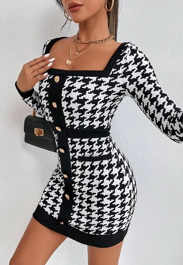 Shein Houndstooth Square Neck Fake Button Bodycon Dress