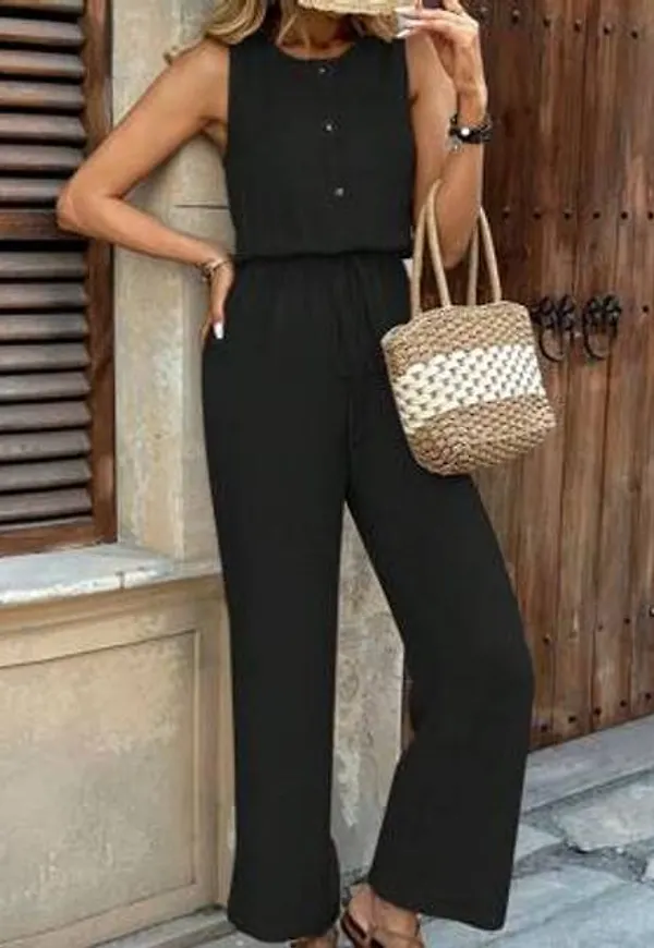 Shein Kaki Ärmlös Jumpsuit Med Spetsdetaljer - Svart