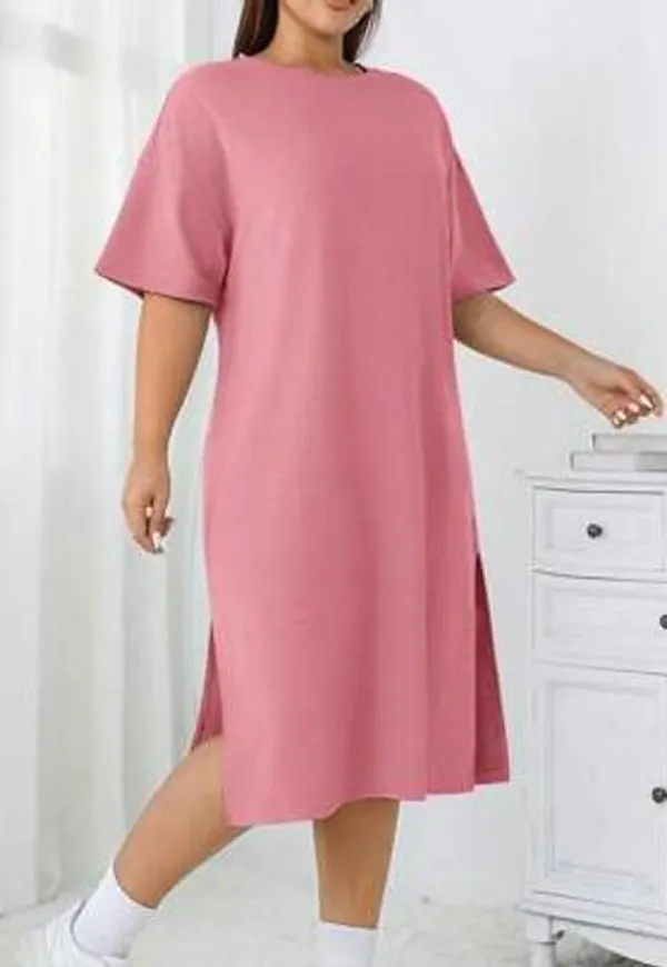 Shein Kvinnor Plus Size Blekrosa Basic Casual Minimalistisk Rundhalsad Lös Kortärmad T-shirtklänning - Dammrosa