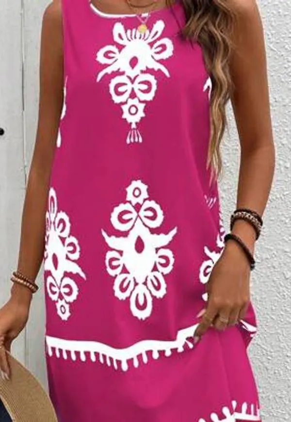 Shein Kvinnors Ärmlös Tryckt Casual Summer Dress Vacation Beach Outfit - Rött/Vitt