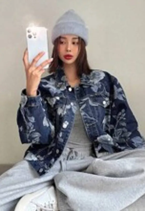 Shein Ladies' Floral Printed Denim Jacket