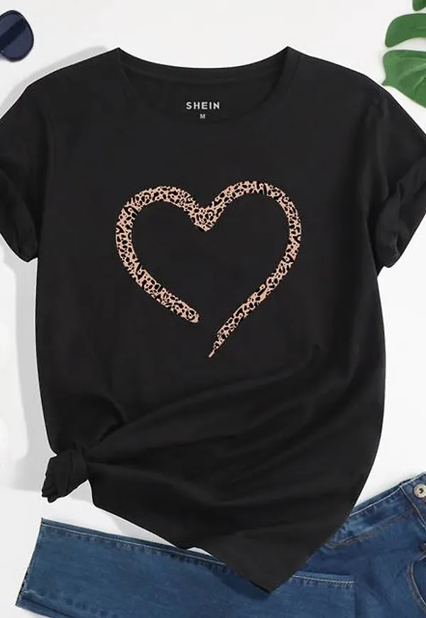 Shein Leopard & Heart Print Tee
