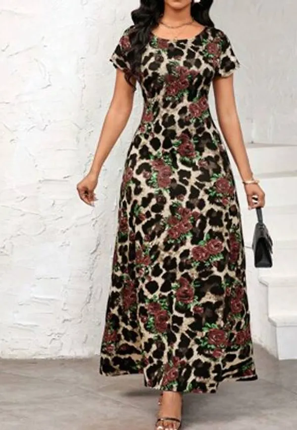 Shein Leopard Och Blommönster För Kvinnor Med Rund Hals - Brun
