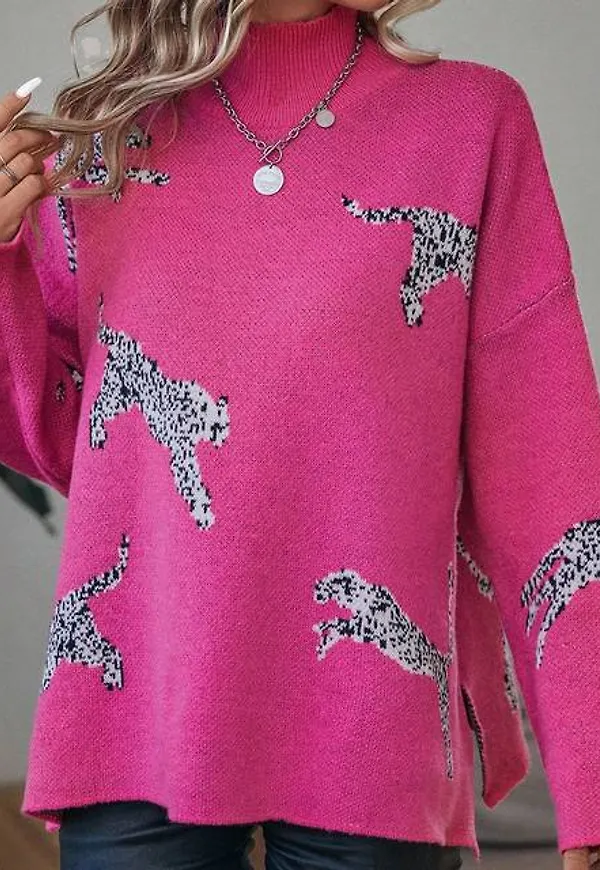 Shein Leopard Pattern Turtleneck Drop Shoulder Sweater