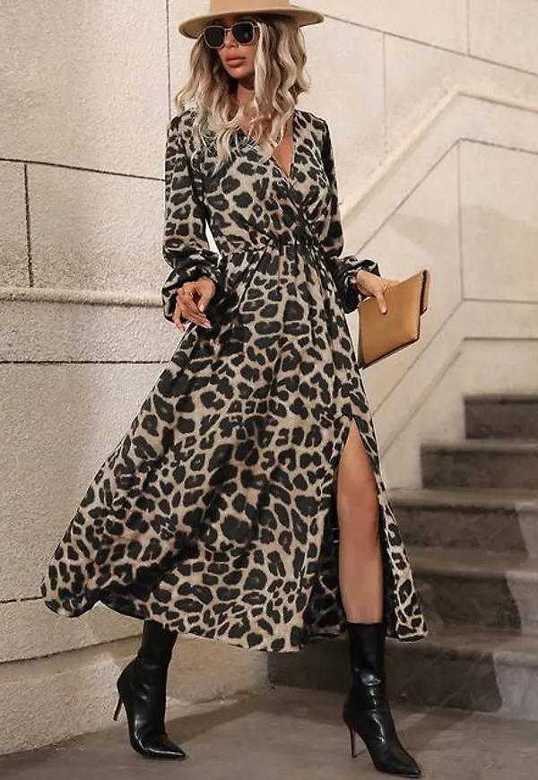 Shein Leopard Print Bishop Sleeve Split Thigh Dress