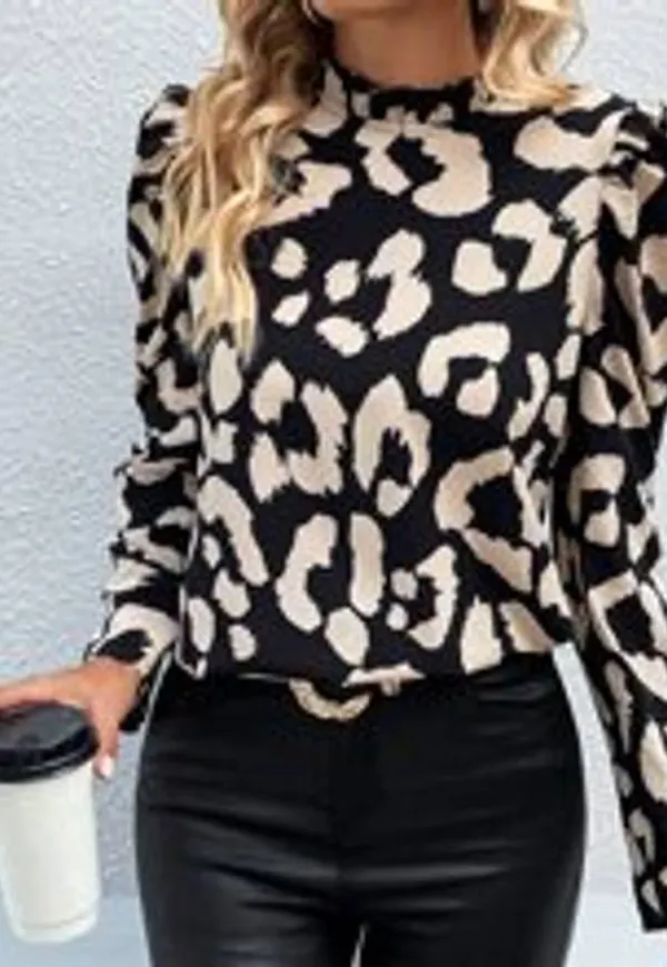 Shein Leopard Print Frill Mock Neck Puff Sleeve Blouse