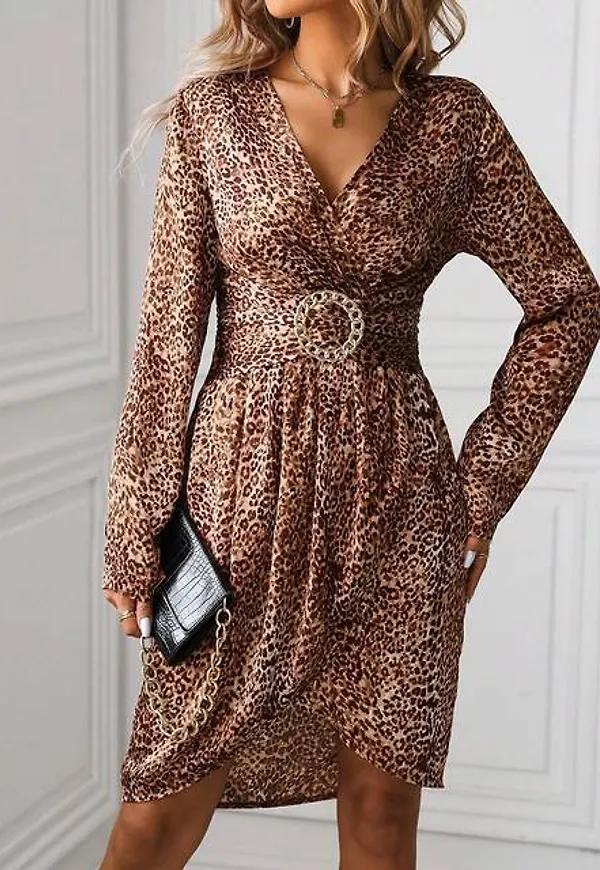 Shein Leopard Print Wrapped Collar Midi Dress