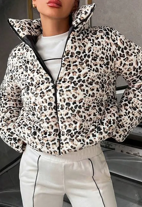 Shein Leopard Print Zip Up Puffer Coat