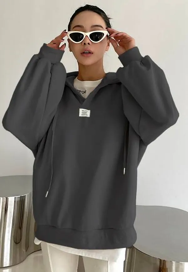 Shein Letter Patched Drop Shoulder Drawstring Hoodie