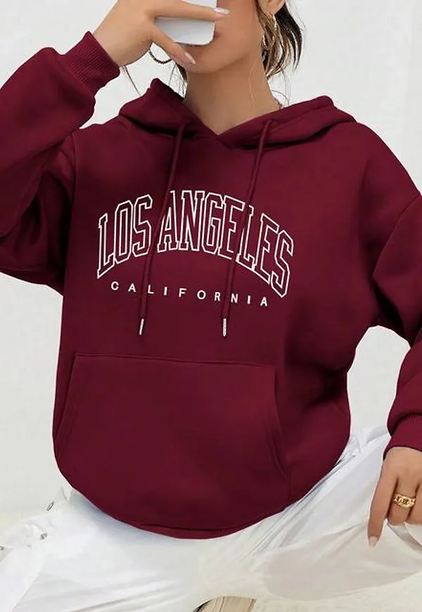 Shein Letter Print Kangaroo Pocket Hooded Sweatshirt