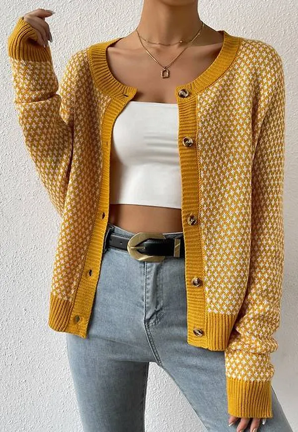 Shein LUNE Allover Pattern Contrast Trim Cardigan