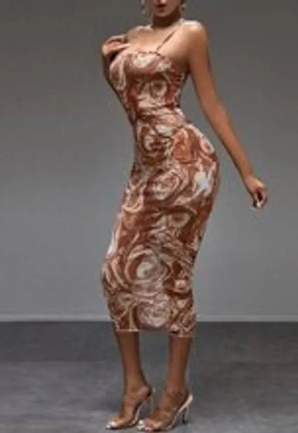 Shein Marble Print Criss-cross Tie Back Mesh Bodycon Dress