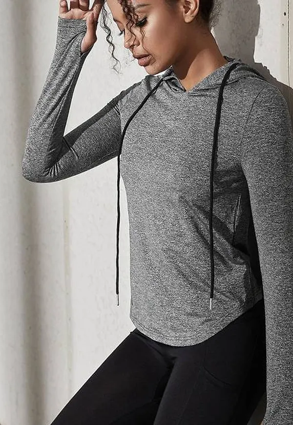 Shein Marled Print Thumb Hole Drawstring Hooded Sports Sweatshirt