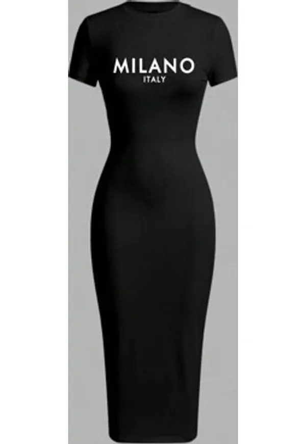 Shein Minimalistisk Milano Grafisk Plus Size Slim Fit Rundhalsad Kortärmad Mellanlång Klänning - Svart
