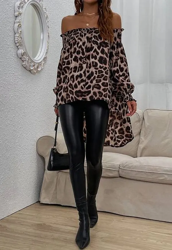 Shein Off-shoulder Leopard Print High Low Blouse