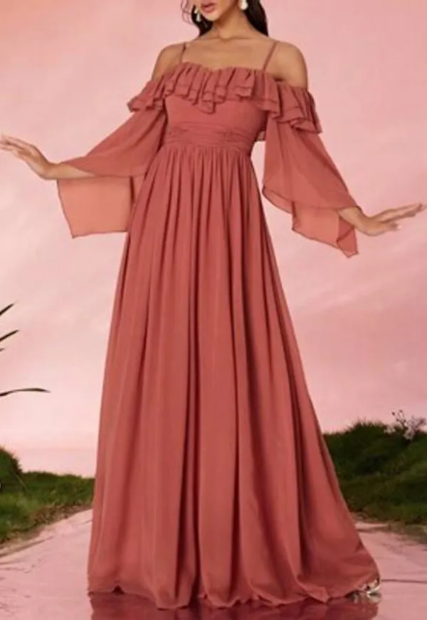 Shein Off Shoulder Pearl Chiffong Volanghals Mid-Sleeve Maxi Formell Klänning - Röd