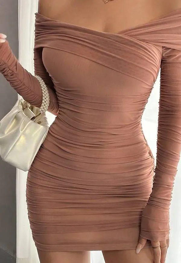Shein Off Shoulder Ruched Mesh Bodycon Dress