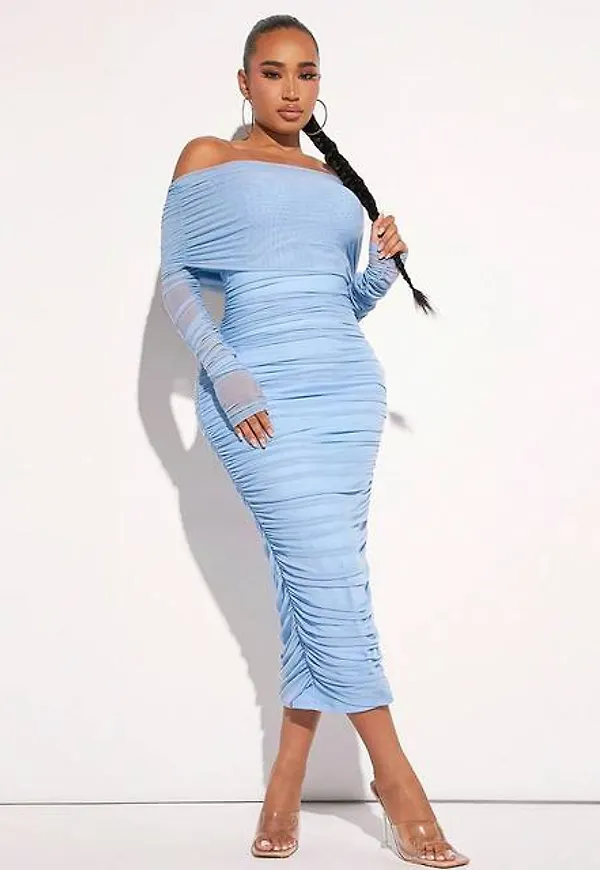 Shein Off Shoulder Ruched Mesh Bodycon Dress