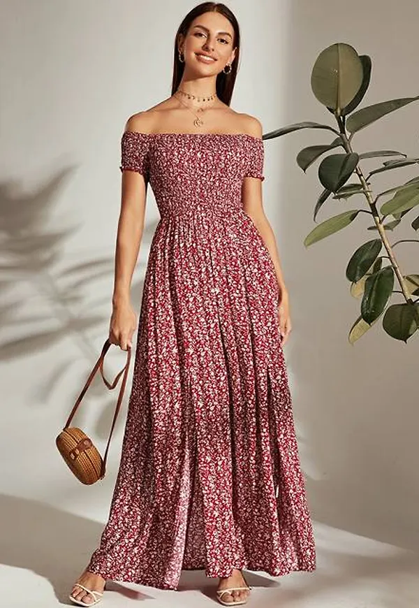 Shein Off Shoulder Shirred Bodice M-slit Hem Ditsy Floral Dress