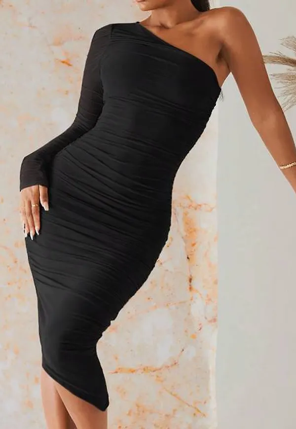 Shein One Shoulder Ruched Mesh Bodycon Dress