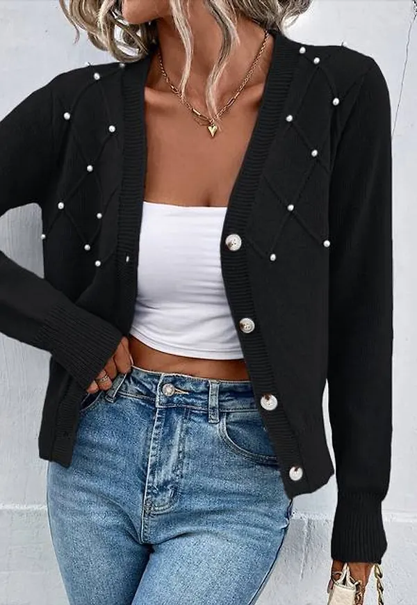 Shein Pearl Beaded Textured Knit Cardigan