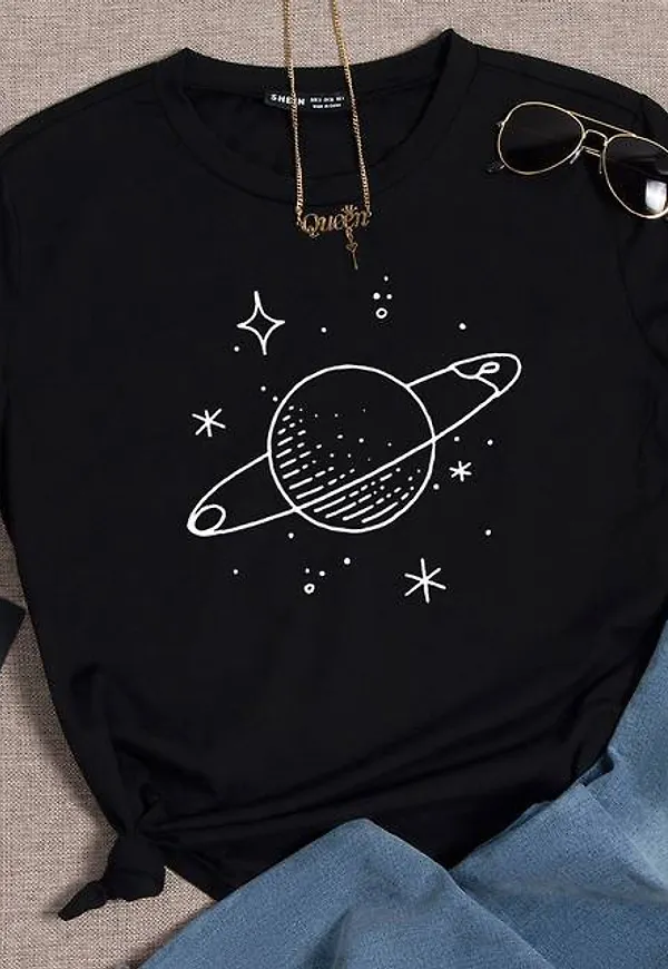 Shein Planet Print Round Neck Tee