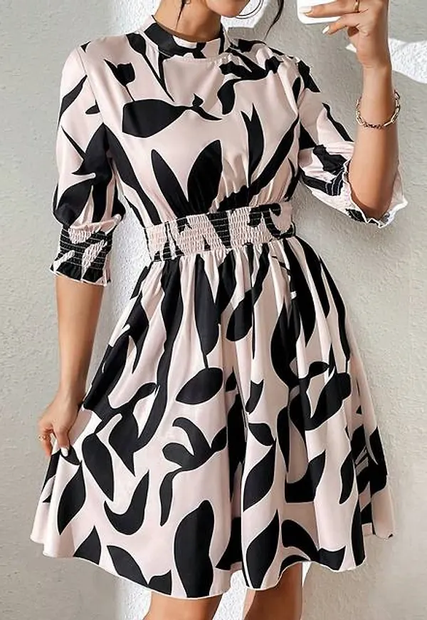 Shein Pleated Cuffs And Waist Stand Collar Dress