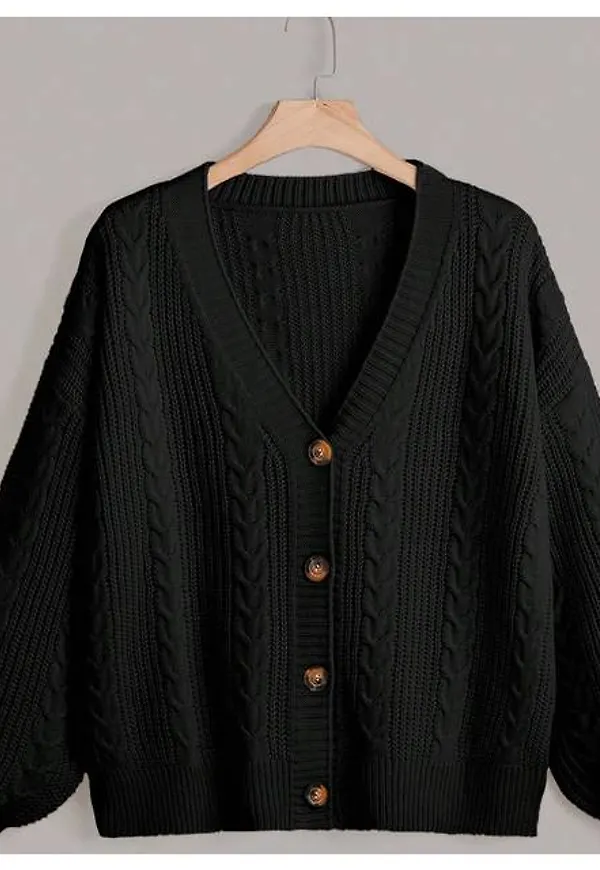 Shein Plus Cable Knit Lantern Sleeve Cardigan