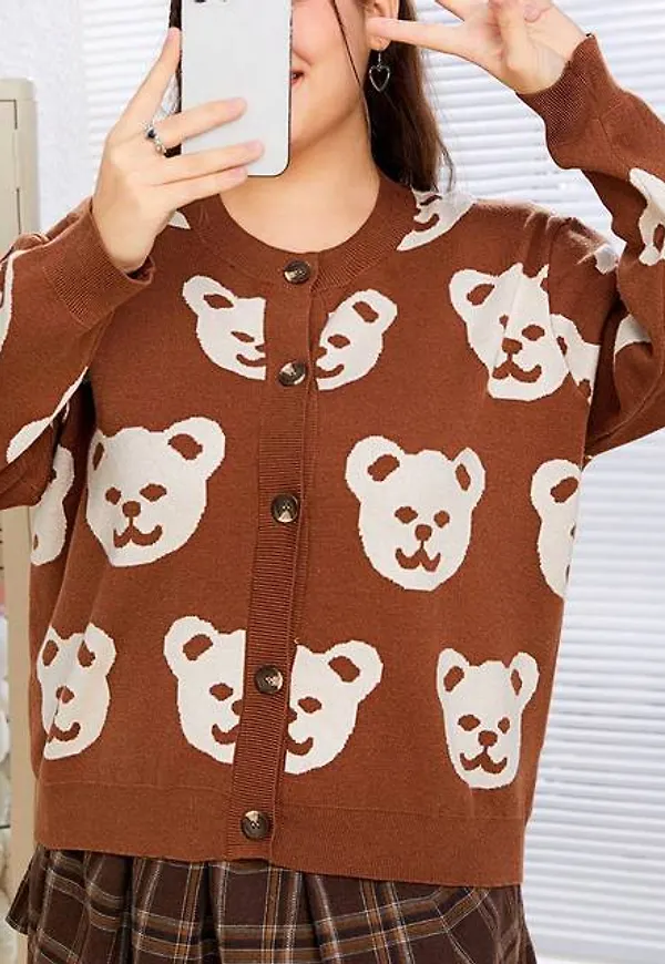 Shein Plus Cardigan With Teddy Bear Pattern