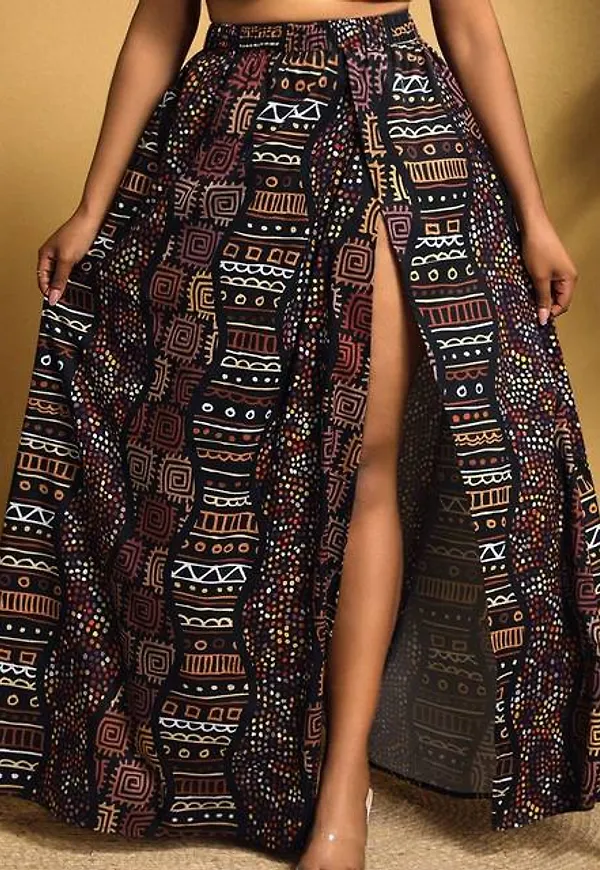 Shein Plus Full Print Tie Waist Side Slit Skirt