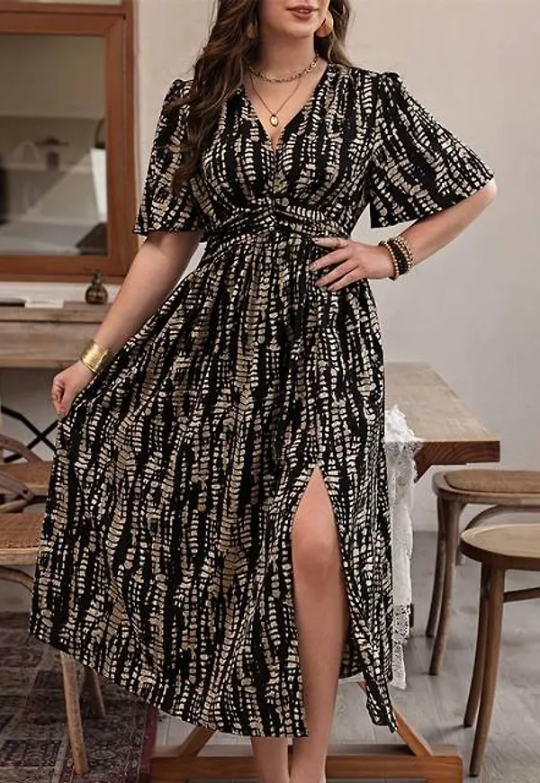 Shein Plus Full Printed High Slit Wrap Dress With Cinched Waist