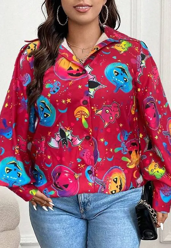 Shein Plus Halloween Print Lantern Sleeve Shirt