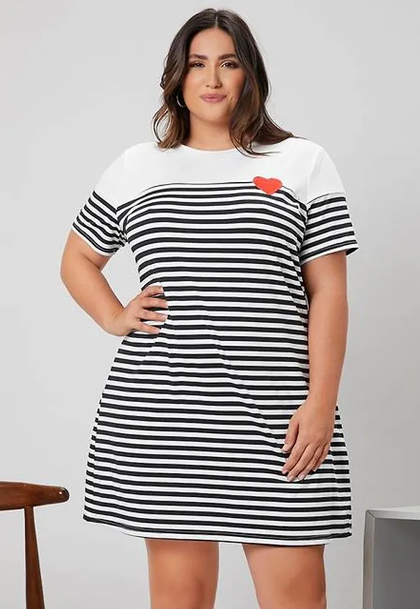 Shein Plus Heart Embroidery Striped Print Dress