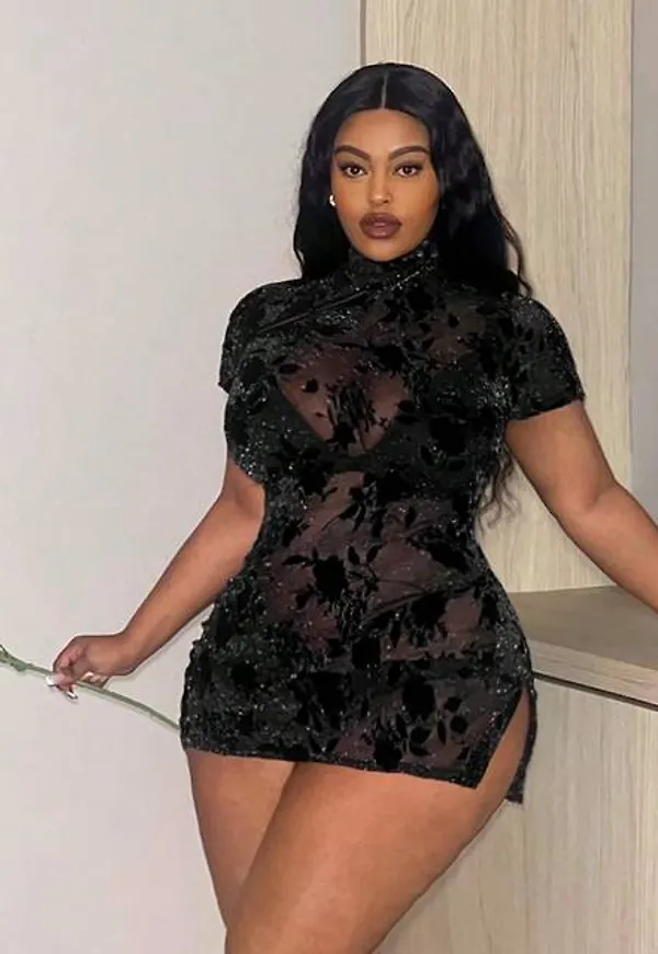 Shein Plus Hot Valentine's Day Black Mesh Perspective Chinese-Style Sexy Dress