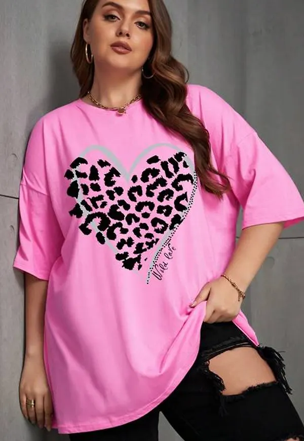 Shein Plus Leopard & Slogan Graphic Drop Shoulder Tee