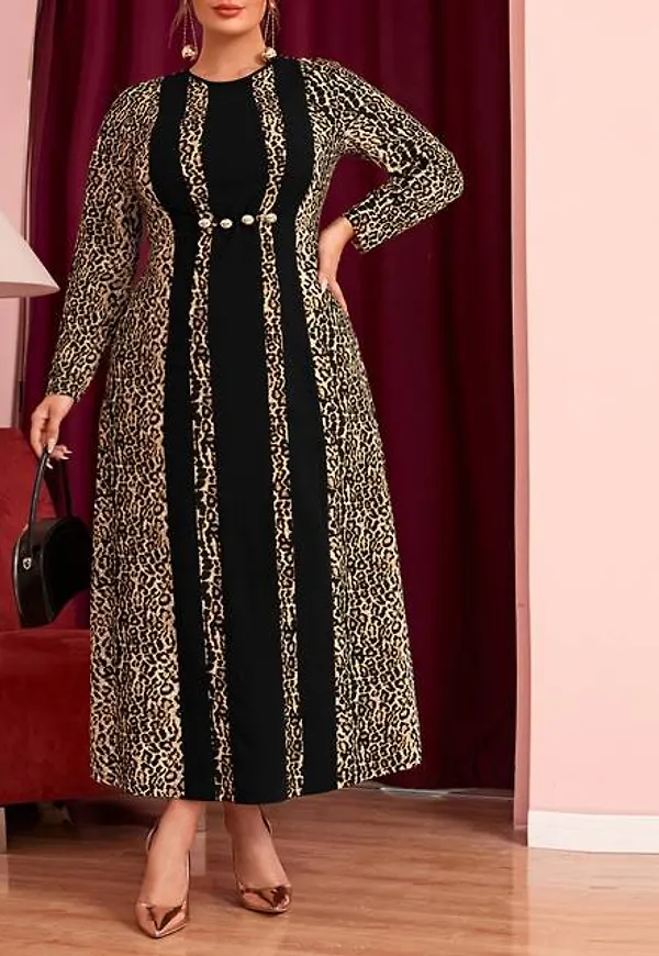 Shein Plus Leopard Paneled Button Detail Dress