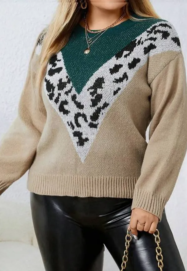 Shein Plus Leopard Pattern Colourblock Drop Shoulder Jumper