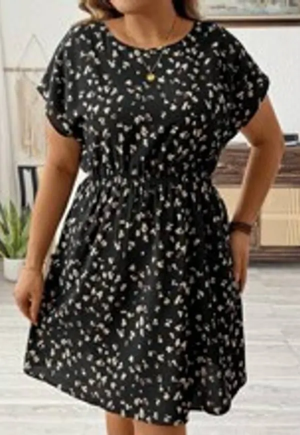 Shein Plus Leopard Print Batwing Sleeve Dress With Elastic Waistband, For Vacation And Casual Occasions