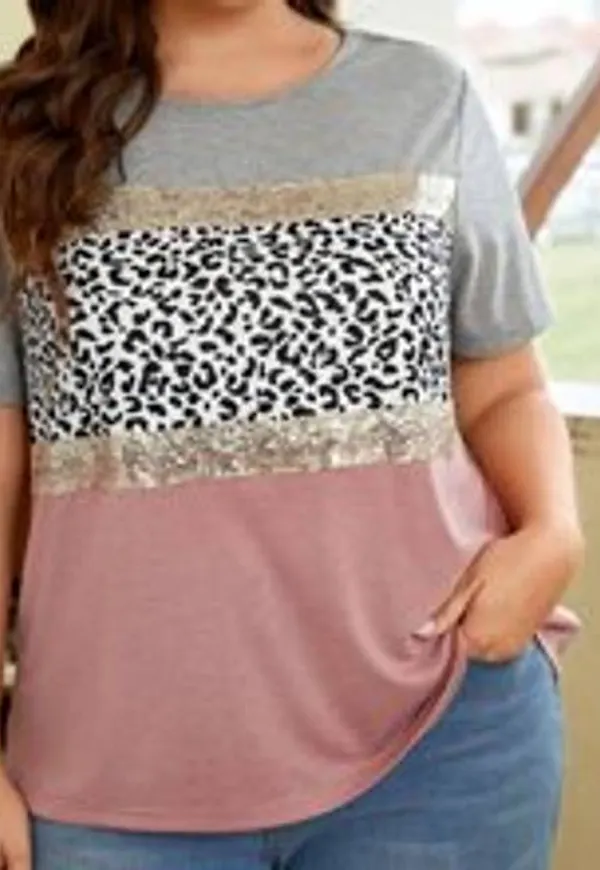 Shein Plus Leopard Print Colourblock Contrast Tee