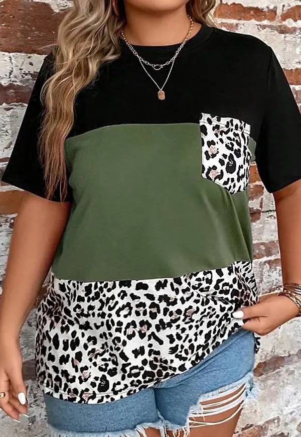 Shein Plus Leopard Print Colourblock Patched Pocket Tee
