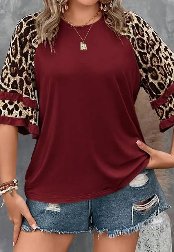 Shein Plus Leopard Print Flounce Sleeve Tee
