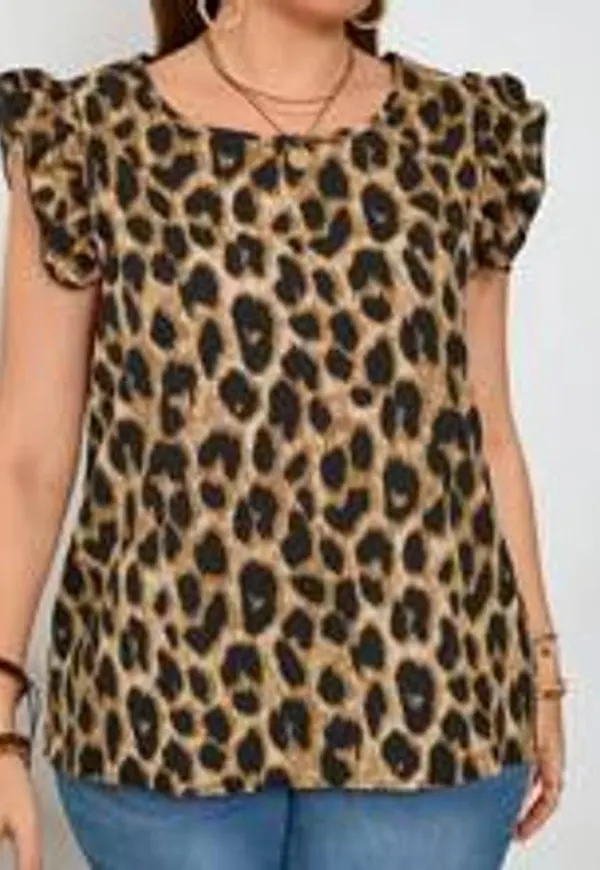 Shein Plus Leopard Print Holiday Casual Cap Sleeve Blouse