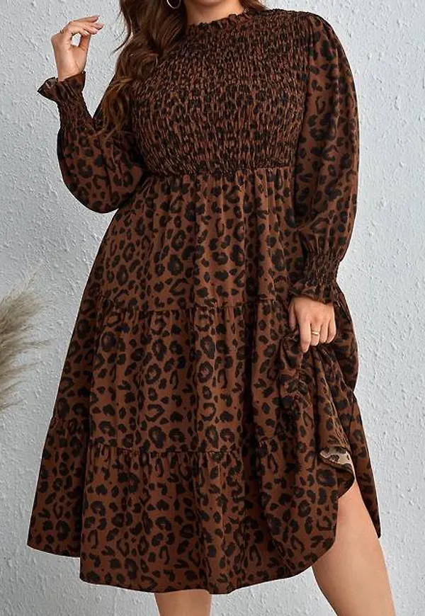 Shein Plus Leopard Print Lantern Sleeve Dress