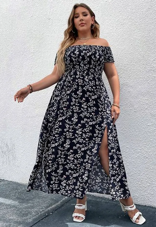 Shein Plus Off Shoulder Shirred Bodice Split Thigh Ditsy Floral Dress