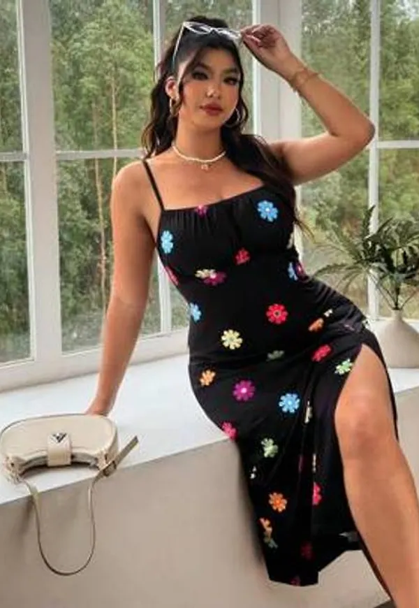 Shein Plus Size Blommönster Sida Slit Fåll Slip Dress - Svart