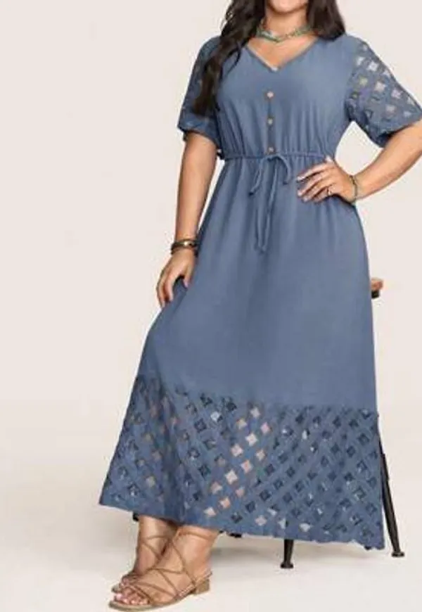 Shein Plus Size Casual Enfärgad Lace Patchwork Klänning - Dammblå